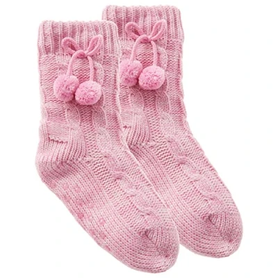 Image of Metzuyan Kids Girls Knitted Chunky Winter Socks with Grippers Sherpa Lining Pom Poms Pink UK 12.5 3.5
