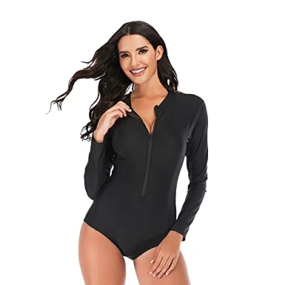Image of BEACHKINI One Piece Swimsuit for Women Long Sleeved Swimwear with Front Zip Triangle Swimsuit,Noir 66631,L