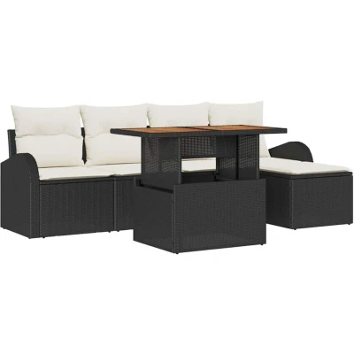 Image of vidaXL 6 Piece Garden Sofa Set with Cushions Black Poly Rattan