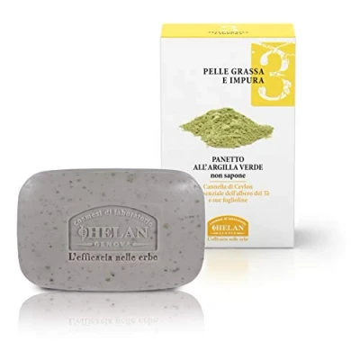 Image of Helan Linea Viso 3 Soap Free Soap, Green Clay Bar for Acne Treatment &amp; Sebum Regulation with Tea Tree Oil Vegan Cleanser Face Wash Oily and Impure Skin Made in Italy, 100 g