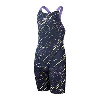 Image of Speedo Junior Girl&#039;s Fastskin Endurance+ Openback Kneeskin Swimsuit, True Navy / Miami Lilac/ Spritz, 5 6 Years