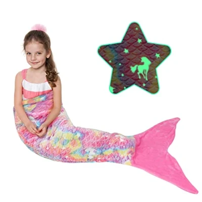 Image of Catalonia Classy Kit Mermaid Tail Blanket with Flannel Fleece, Fin Cuddle Sofa Sleeping Bag Camping Travel All Season Warm Washable Fluorescent Unicorn 155 x 51 cm