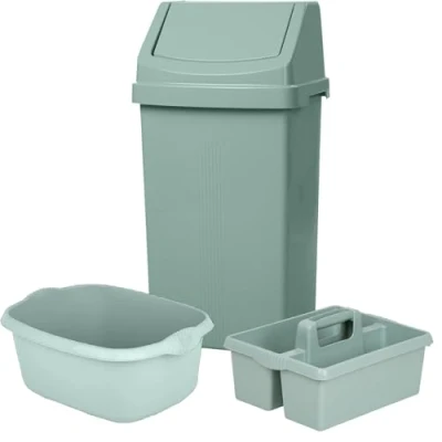 Image of KetoPlastics Sage Green 3 Piece Kitchen Set 50L Bin 14L Rectangular Washing Up Bowl and Large Tidy Caddy with Handle For Home Made in UK