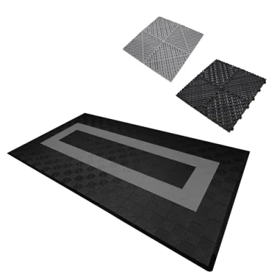 Image of Vented Modular Interlocking Flooring Tiles &amp; Edges 90 Black 30 Grey Single Garage Heavy Duty Floor Mat Showroom Workshop Outdoor Polypropylene Anti Slip Weather Resistant Drainage 3.2m x 6m 19.2m2