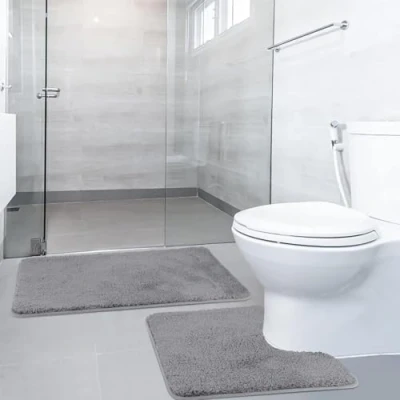 Image of SOANNY 2 Piece Non Slip Bath Mat Set, Luxury Thick Microfiber Shaggy Bathroom Rugs, 50 X 80 CM Soft Plush Shower Rug &amp; Toilet Pedestal Mat, Machine Washable, Absorbent, Grey