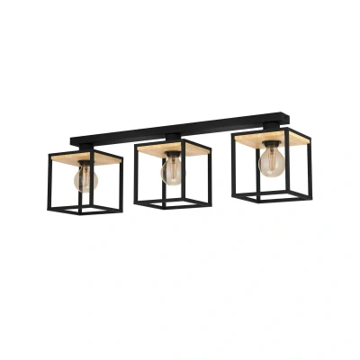 Image of EGLO Libertad ceiling light, length 86 cm, black/wood 3 bulb.