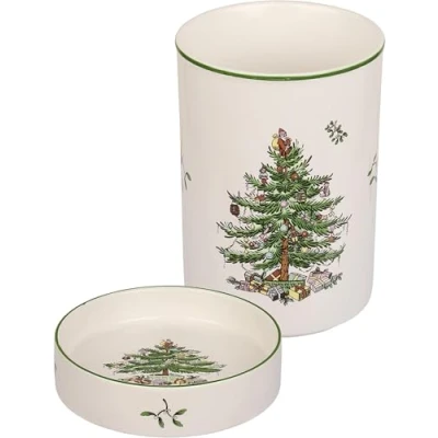 Image of Spode Christmas Tree Wine Chiller &amp; Coaster Set, Dishwasher, Microwave Freezer Safe Stoneware Cooler with Festive Hostess Gift for Holiday Entertaining
