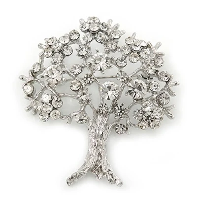 Image of Avalaya Clear Crystal &#039;Tree of Life&#039; Brooch in Rhodium Plating 52mm Length