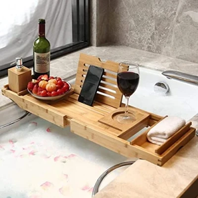 Image of RONGJJ Expandable Bathtub Caddy Tray Bath Bamboo With Wine Glass Holder, Tablet Phone Tray, Sandal