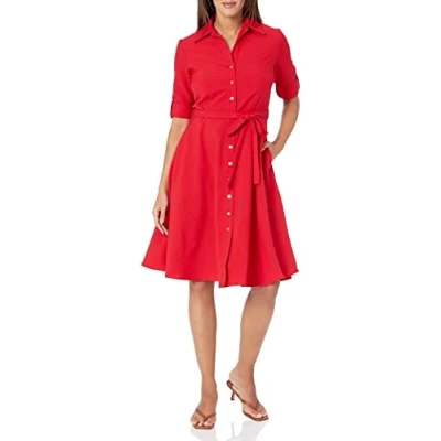 Image of SHARAGANO Women&#039;s Button Front Pleated Shirt Dress Casual, Crimsoruby, 10