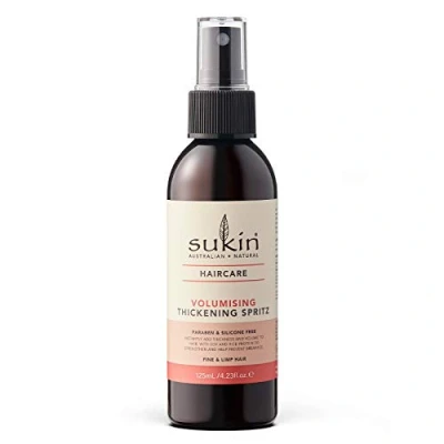 Image of Sukin Volumising Thickening Spritz 125ml adds thickness &amp; volume to fine hair with Soy Rice protein strengthen help prevent breakage; cruelty free vegan friendly.