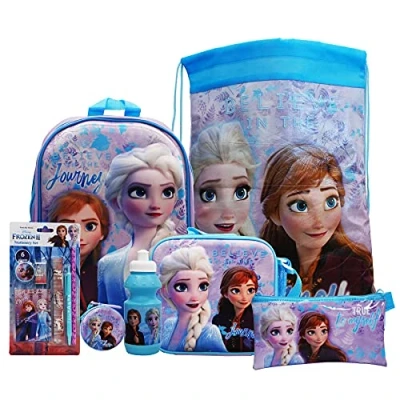 Image of Frozen 7PC Back to School Bundle inc 3D Backpack, Drawstring Sports Bag, Insulated Lunch Water Bottle, Coin Pouch, Pencil Case &amp; Stationery Set.