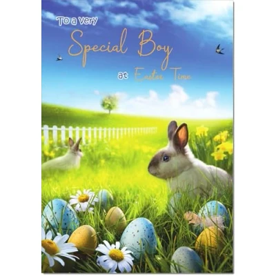 Image of doodlecards Special Boy Easter Card Bunnies in Field Medium Size with Plain Envelope