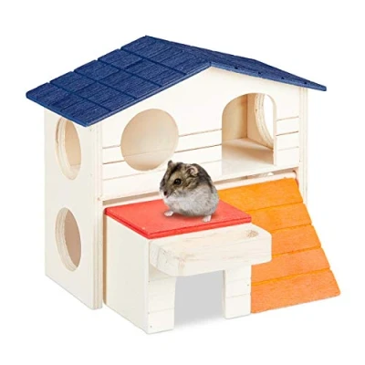 Image of Relaxdays Hamster House Made of Wood, Two Floors, Cage Accessories for Rodents, HWD: 10 x 18,5 13 cm, Multicoloured
