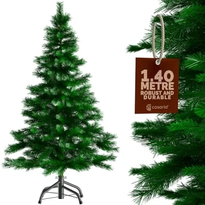 Image of CASARIA® Green Artificial Fir Christmas Tree With Mix of Realistic Noble Leaves 4.7ft Xmas Stand PVC Fire Resistant Quick &amp; Easy Assembly 140cm /