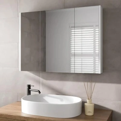 Image of AURORA® 900 x 650mm Bathroom Mirror Cabinet Storage Wall Mounted Cupboard Ready Assembled Unit Triple Mirrored Door, White Gloss