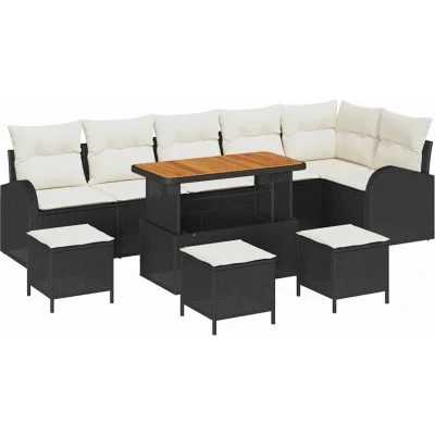 Image of vidaXL 10 Piece Garden Sofa Set with Cushions Black Poly Rattan Acacia