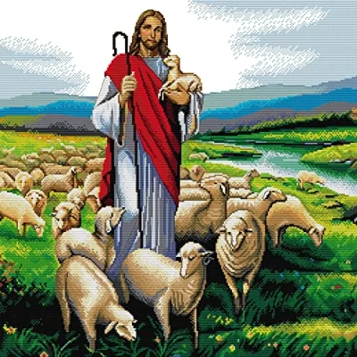 Image of Awesocrafts Cross Stitch Stamped Kits Jesus Shepherd Easy Patterns Stitching Embroidery Needlework Kit Supplies 14CT 2 Strands (Jesus)