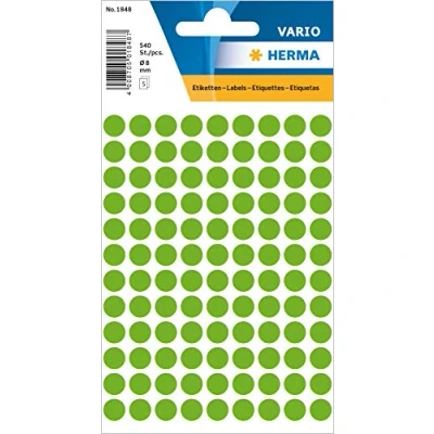 Image of HERMA Dot Stickers Luminous Green, 540 Labels, Ø 8 mm, 108 Labels per Sheet, Self Adhesive Round Colour Stickers, Blank Marking Dots, Sticky Circle for Color Coding Calendar