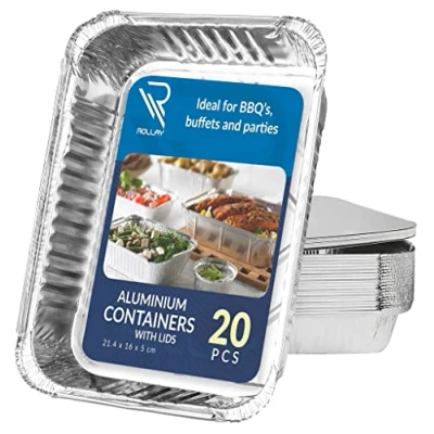 Image of Rollay 20 Pack Aluminium Foil Trays with Lids 21.4x16x5cm/1000ml Food Containers for Storage, Baking, Roasting, Takeaway and Party (Pack of Lids)