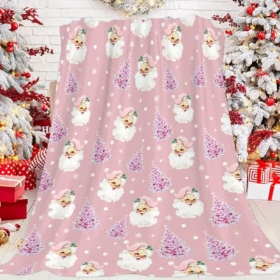 Image of JOOCAR Pink Christmas Throw Blanket Santa Claus Merry Happy New Year Cozy Soft Lightweight Flannel Plush Blankets for Bed Couch Living Room Sofa Chair,50x60 Inch