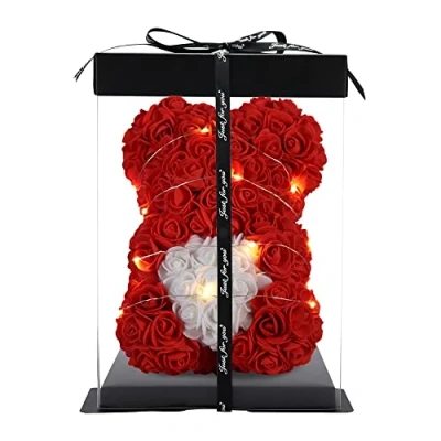 Image of Gifts for Women Rose Bear Flower Hand Made Teddy Gift Valentines Day, Mothers Wedding and Anniversary &amp; Bridal Showers w/Clear Clear Box 10 Inch (red, 10inch)