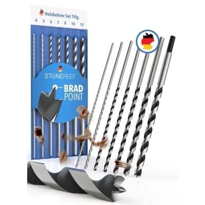 Image of STONE REEF Wood Drill Bit Set Long Professional [7 Piece Including Bag] Auger Diameter 4 mm, 5 6 7 8 10 12 mm x 230 Formwork Drill, Beam