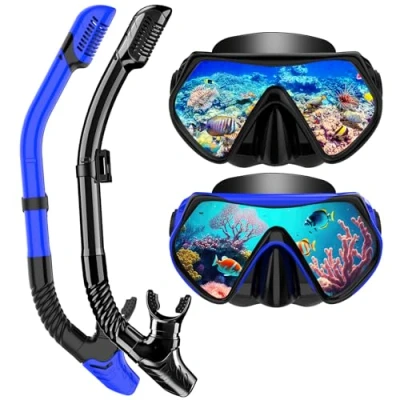 Image of Snorkeling Gear for Adults, Dry Top Snorkel Set Scuba Diving mask, 180Panoramic Wide View Professional Breathing Freely Mask (Blue+Black)