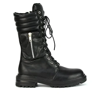 Image of Womens Black Boots Ladies Flat Lace Up Pocket Synthetic Leather Biker Combat Calf Booties Size 3 8