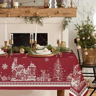 Image of Rectangle Christmas Tablecloth 60x84In,Christmas Tree Elk Santa Snowflake Red Tablecloth,Polyester Waterproof Wrinkle Resistant Durable Table cloth for Holiday,Kitchen,Winter and Home Decor