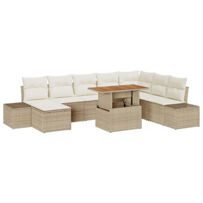 Image of vidaXL 9 Piece Garden Dining Set with Cushions Beige Poly Rattan Acacia