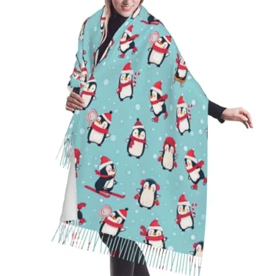 Image of MQGMZ Cartoon Mushrooms Print Soft Women&#039;S Cashmerette Fringed Scarf Cape Fall And Winter Cashmere Shawl Warm Wrap, Christmas Penguins, One Size