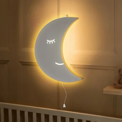 Image of Marco Paul Modern Wooden White LED Night Light ‎Battery Powered Kids Room Decor Wall Lights Mounted Nursery Bedside Lamp Baby Gifts Bedroom Lighting (Moon)