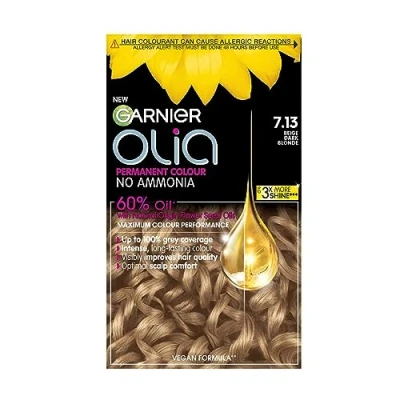 Image of Garnier Olia Permanent Hair Dye, Up to 100% Grey Coverage, No Ammonia, 60% Oils, 7.13 Dark Beige Blonde