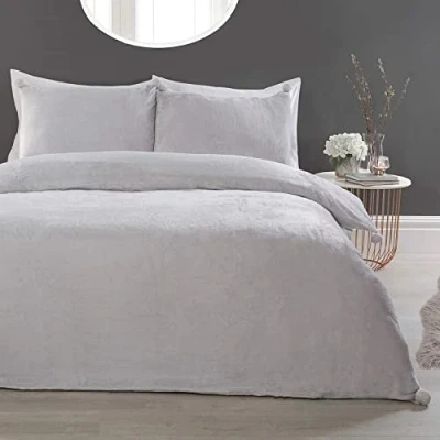 Image of Sleepdown Pom Silver Fleece Warm Cosy Super Soft Easy Care Plain Flannel Duvet Cover Quilt Bedding Set with Pillowcase Single (135 cm x 200 cm)