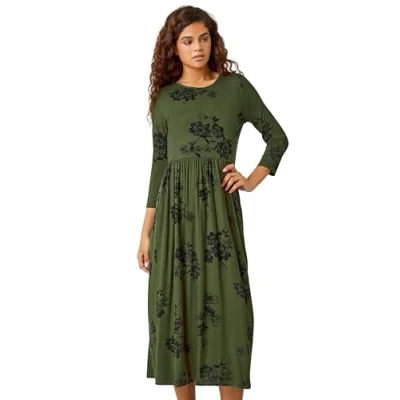 Image of Roman Originals Midi Gathered Dress with Pockets for Women UK Ladies Stretchy Jersey Maxi Round Neck Elasticated High Waisted Boho Flattering Skater Swing Fit Flare Khaki Black Size 10