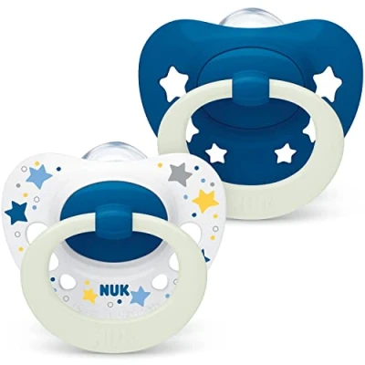 Image of NUK Signature Night Baby Dummy 18 36 Months Soothes 95% of Babies Heart Shaped BPA Free Silicone Soothers Glow in The Dark Includes Case Blue Stars 2 Count