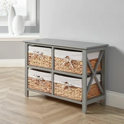 Image of Home Source Grey Wooden Storage Unit Chest Water Hyacinth Basket Hallway Organiser, Engineered Wood, 4 Drawer