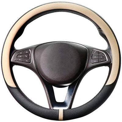 Image of COFIT Breathable Car Steering Wheel Cover Universal Microfiber Leather Protective Wrap Interior Decor Accessories Size M 37 38cm Beige and Black