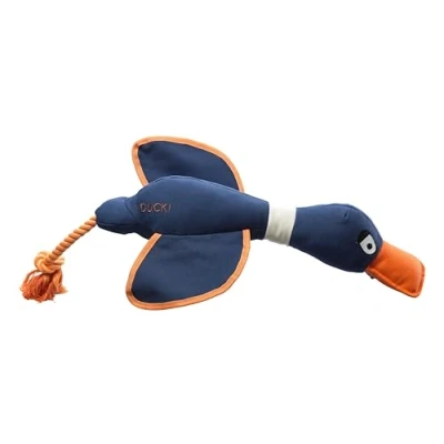 Image of House of Paws Large Navy Duck, Cotton Canvas Thrower Dog Toy with Rope and Squeaker