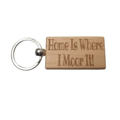 Image of Decalarama Narrowboat Keyring Gift Home Is Where I Moor It Engraved Hardwood Key Fob Novelty Nice Custom Barge Canal Boat Present