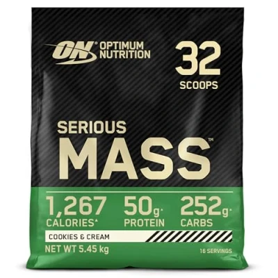 Image of Optimum Nutrition Serious Mass Protein Powder High Calorie Gainer with Vitamins, Creatine and Glutamine, Cookies Cream, 16 Servings, 5.45 kg, Packaging May Vary