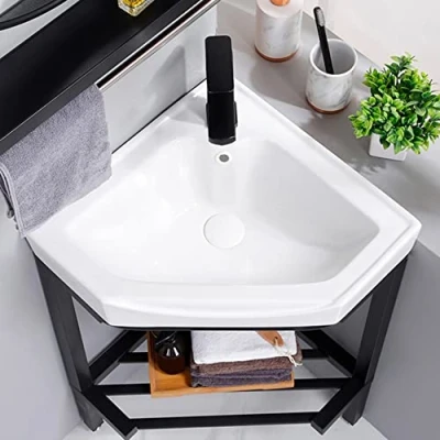 Image of Corner Bathroom Sink White Ceramic Console Pedestal laundry sinks free standing Wash Basin Porcelain Vessel Rectangle with Stainless Steel Metal Legs Stand Vanity black Storage Shelf