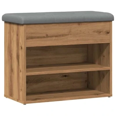 Image of vidaXL Artisan Oak Shoe Bench Engineered Wood Storage Seating with Light Grey Cushion Hallway/Living Room 62x32x50 cm