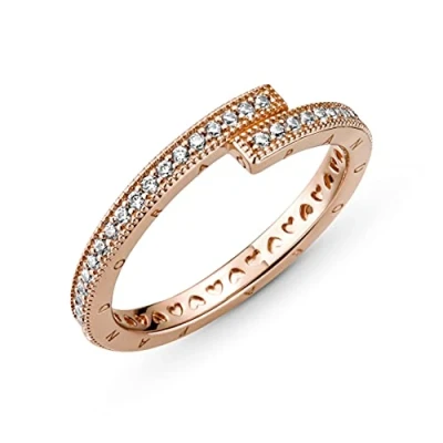 Image of Pandora Signature Sparkling Overlapping 14k rose gold plated ring with clear cubic zirconia, 52