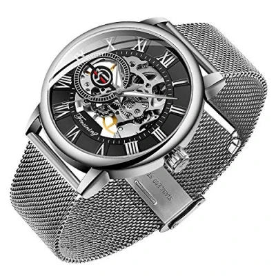 Image of Dentily Men&#039;s Skeleton Watch Classic Roman Numeral Steampunk Mechanical Hand Wind Mens Watches (Blue), silver&amp;black,