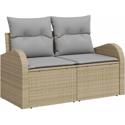 Image of vidaXL 2 Seater Garden Sofa with Storage &amp; Cushions Beige Poly Rattan