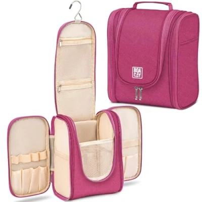 Image of BOACAY Hanging Travel Toiletry Bag for Women &amp; Men, Makeup Bag, Shower Wash Organiser Kit Cosmetics, Essentials, Accessories (M) Cerise Pink