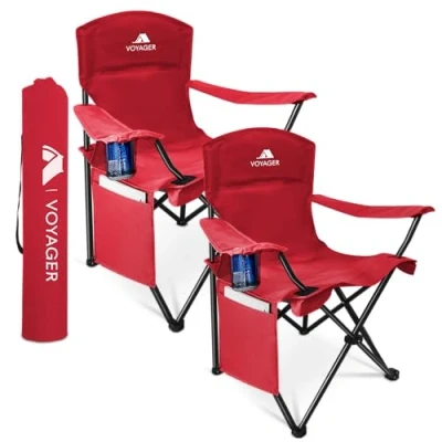 Image of Voyager Folding Camping Chairs 2 Pack with Cooler Bag, Lightweight Q195 Steel Frame, 600D Oxford Fabric, Portable &amp; Comfortable Black (Red, Pouch)