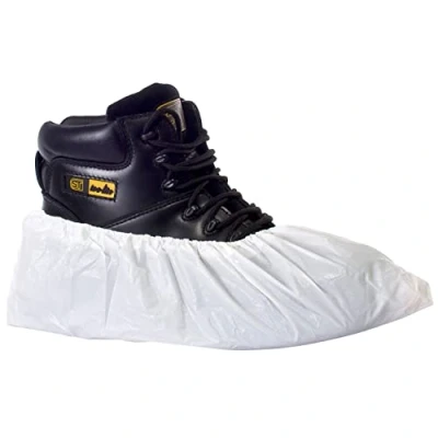 Image of Disposable Shoe Covers Blue Plastic Waterproof Overshoes Foot Covering Protectors Cleaning Accessories Carpets/Floors for Indoor/Outdoor Use (100, White)